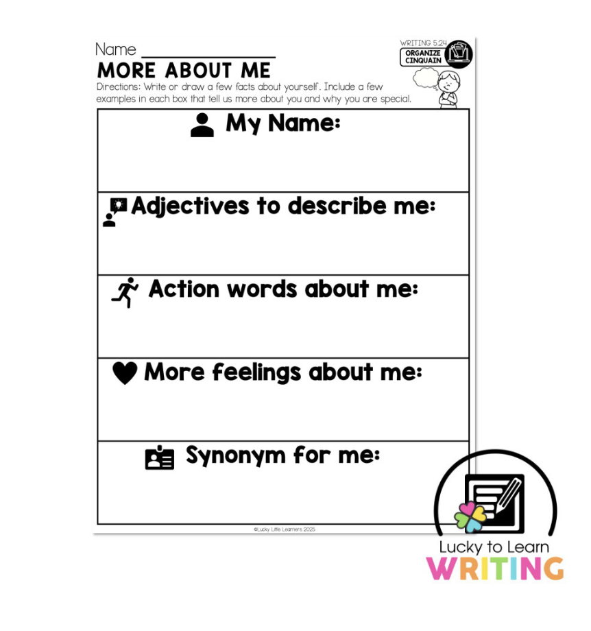 Worksheet titled 'More About Me,' with sections for second graders to fill in their name, adjectives to describe themselves, action words, feelings, and a synonym. A great introduction to Cinquain poetry for 2nd-grade students.